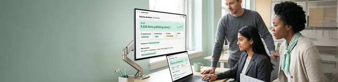 Operations team reviewing feed rejection data across multiple marketplace channels on a unified dashboard Operations team reviewing feed rejection data across multiple marketplace channels on a unified dashboard