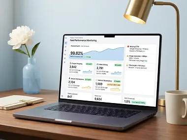 Feed performance monitoring dashboard showing channel health scores, sync status, and error alerts across Google Shopping and Meta Feed performance monitoring dashboard showing channel health scores, sync status, and error alerts across Google Shopping and Meta