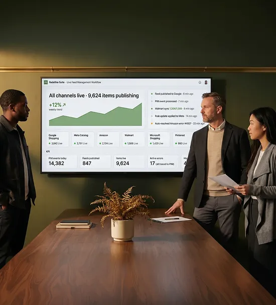 Commerce operations lead reviewing feed management setup with multi-channel dashboard visible on screen Commerce operations lead reviewing feed management setup with multi-channel dashboard visible on screen