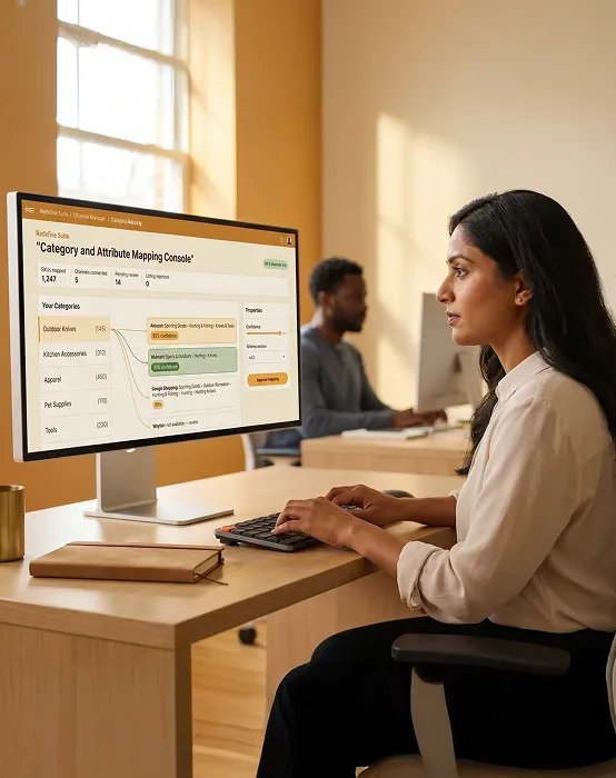 Ecommerce operations manager reviewing marketplace category and attribute mapping dashboard on large monitor Ecommerce operations manager reviewing marketplace category and attribute mapping dashboard on large monitor