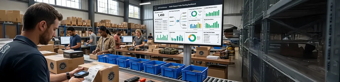 Ecommerce fulfillment team packing orders for multiple marketplace channels in a well-organized warehouse Ecommerce fulfillment team packing orders for multiple marketplace channels in a well-organized warehouse