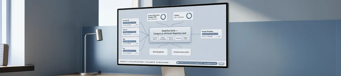 Ecommerce platform integration diagram showing product information manager connected to category mapping and marketplace channels Ecommerce platform integration diagram showing product information manager connected to category mapping and marketplace channels