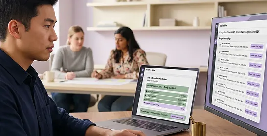 Ecommerce catalog manager reviewing marketplace listing readiness in a modern workspace Ecommerce catalog manager reviewing marketplace listing readiness in a modern workspace