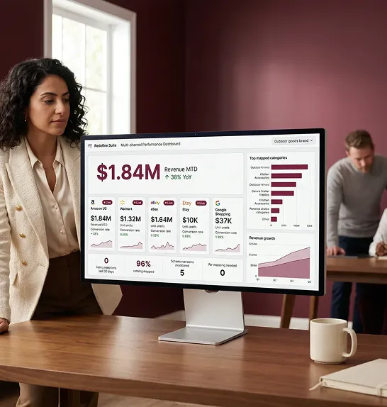 Ecommerce brand owner reviewing multi-channel marketplace performance dashboard