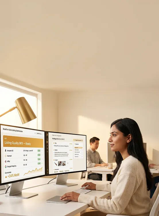 Ecommerce merchandising manager reviewing marketplace listing scores on dual monitors Ecommerce merchandising manager reviewing marketplace listing scores on dual monitors