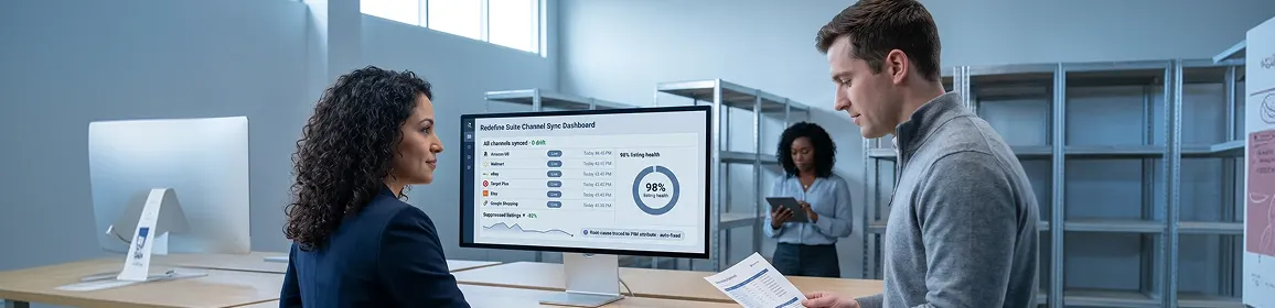 Ecommerce operations team at warehouse workstation reviewing channel sync dashboard on screen Ecommerce operations team at warehouse workstation reviewing channel sync dashboard on screen