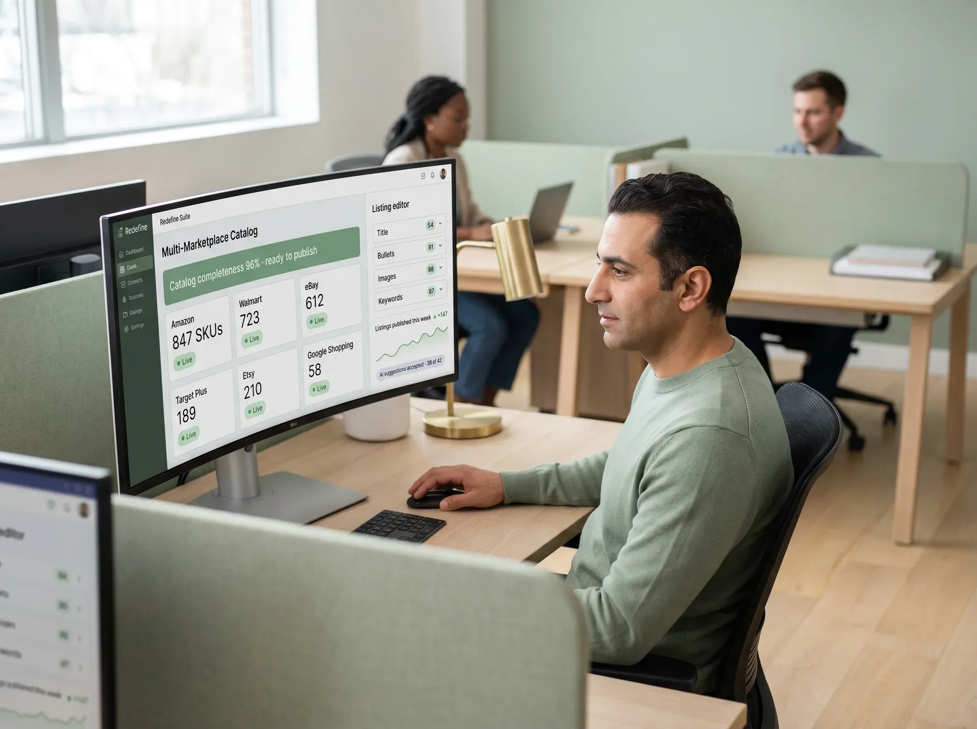 Ecommerce catalog manager at desk with multiple marketplace dashboards open on screen Ecommerce catalog manager at desk with multiple marketplace dashboards open on screen