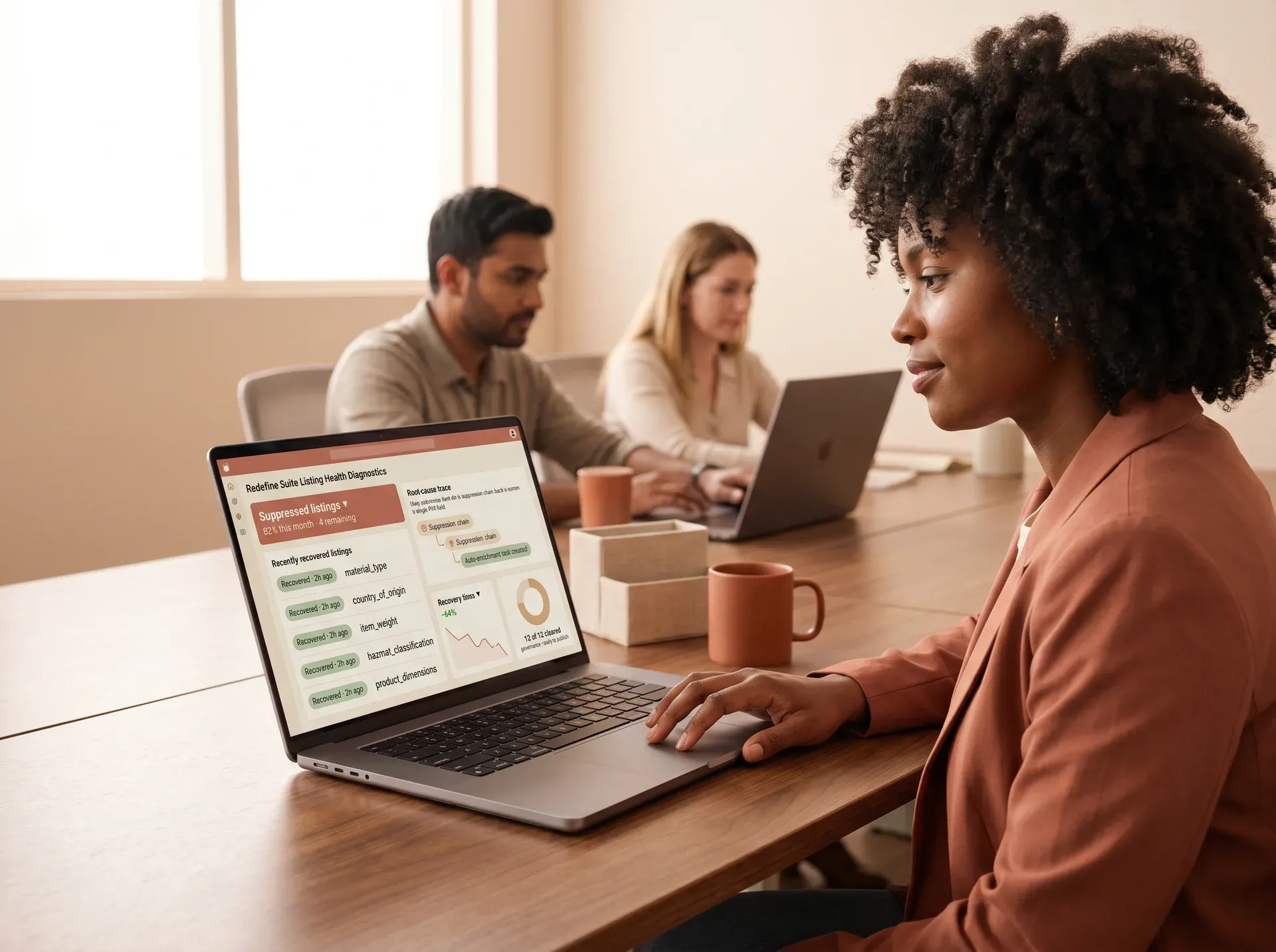 Marketplace analyst reviewing suppressed listing report on laptop in open plan office Marketplace analyst reviewing suppressed listing report on laptop in open plan office