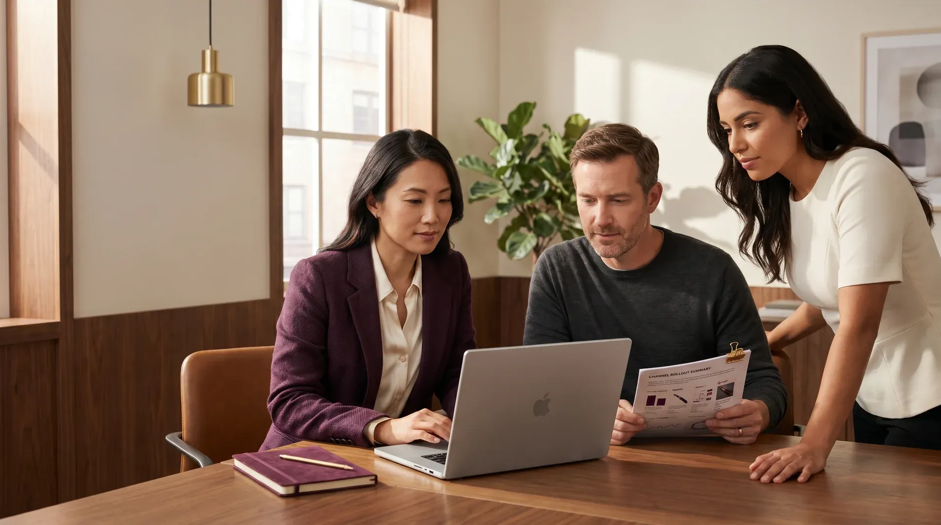 Ecommerce brand team reviewing successful marketplace launch on laptop showing live listing dashboard