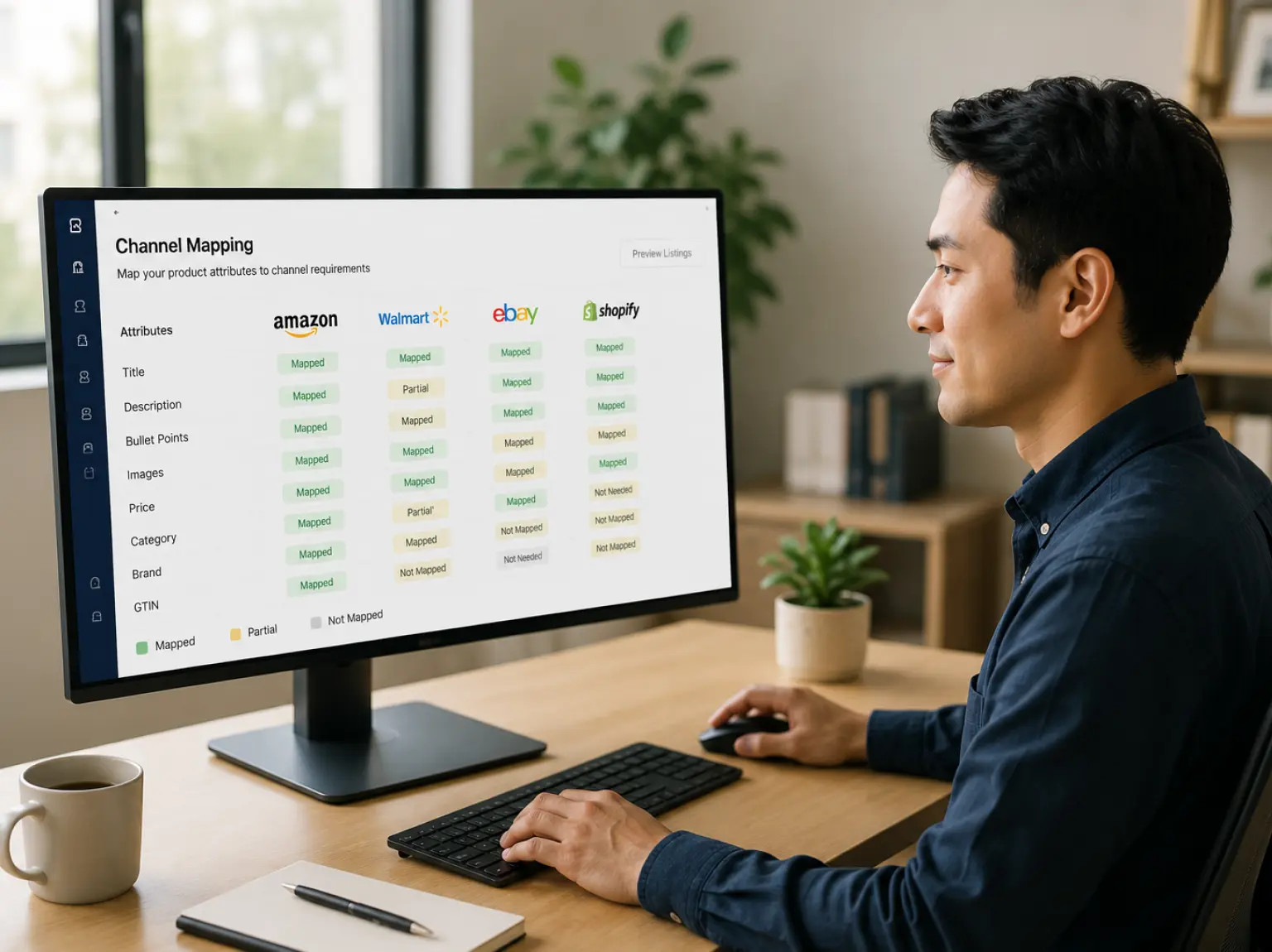 Marketplace analyst reviewing suppressed listing report on laptop in open plan office Marketplace analyst reviewing suppressed listing report on laptop in open plan office