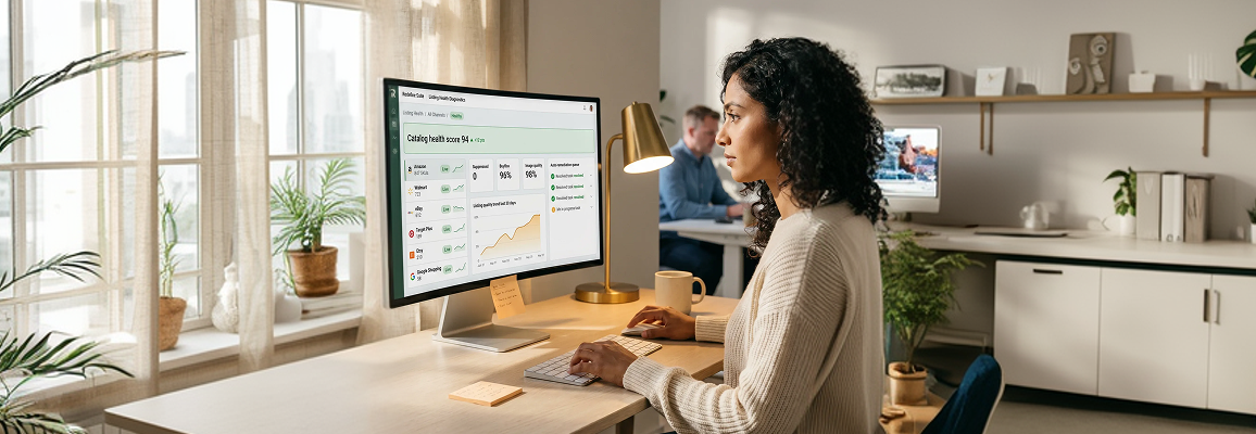 Ecommerce operations analyst reviewing a listing health and diagnostics dashboard Ecommerce operations analyst reviewing a listing health and diagnostics dashboard