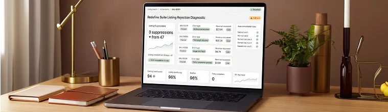Listing rejection dashboard showing suppressed items with error type and revenue at risk Listing rejection dashboard showing suppressed items with error type and revenue at risk