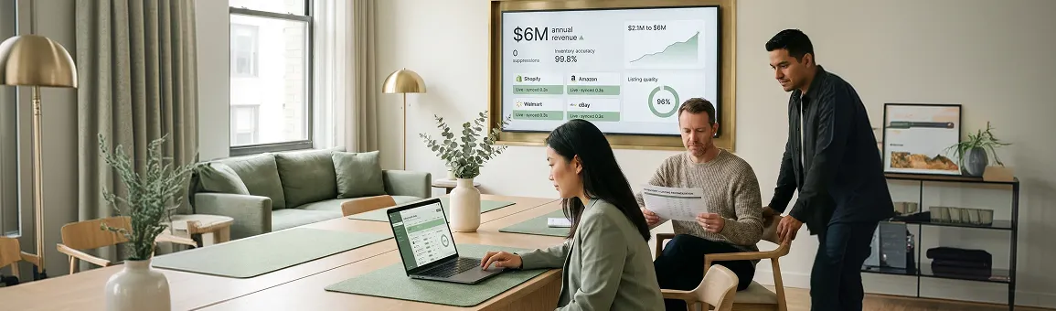 Multi-channel ecommerce operations team reviewing marketplace listing dashboard and inventory data Multi-channel ecommerce operations team reviewing marketplace listing dashboard and inventory data