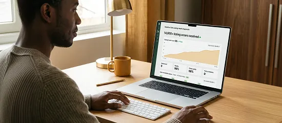 Ecommerce operations manager reviewing listing health diagnostic results on a laptop Ecommerce operations manager reviewing listing health diagnostic results on a laptop