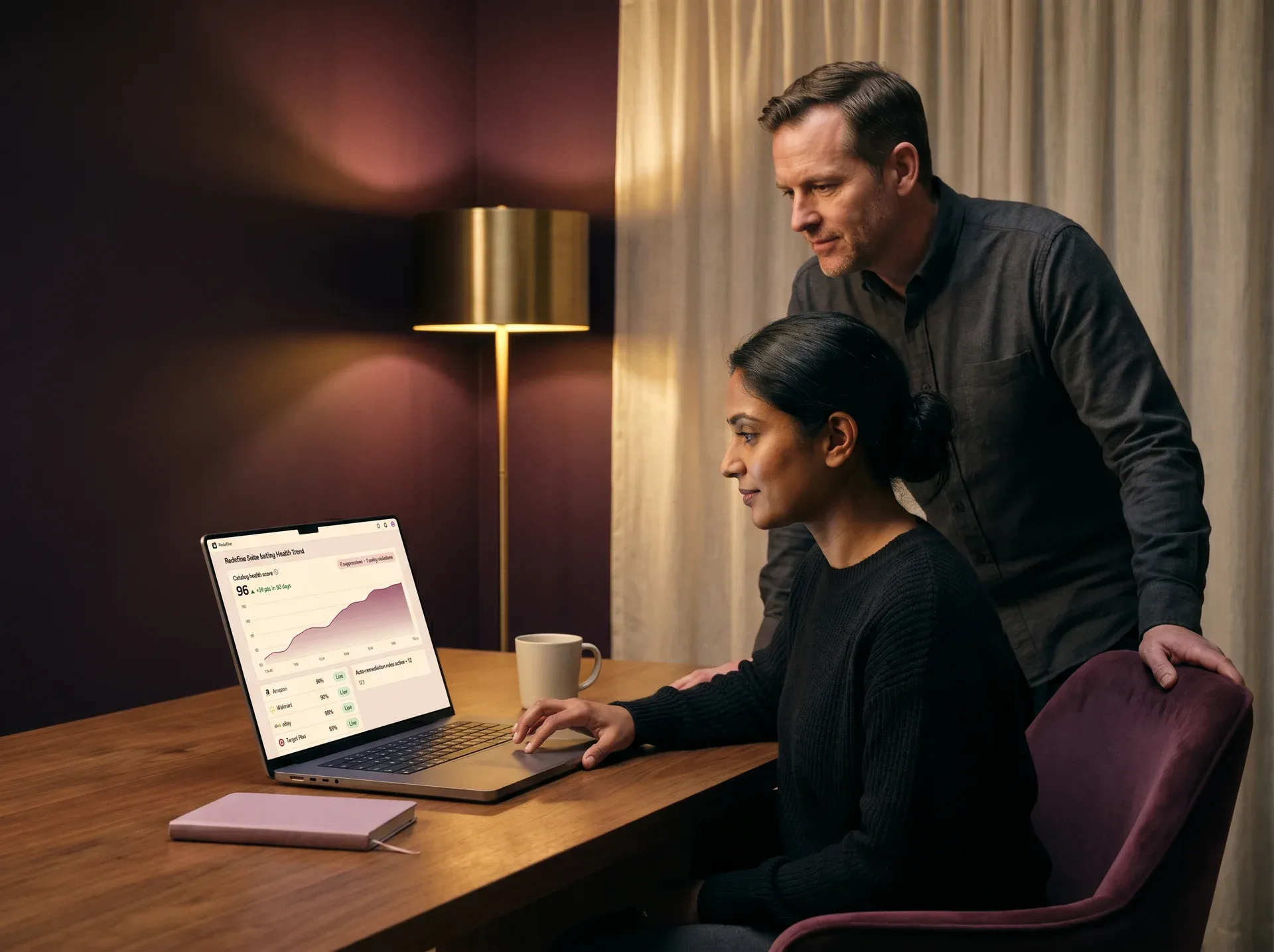 Ecommerce catalog operations team reviewing improved listing health metrics after diagnostic implementation Ecommerce catalog operations team reviewing improved listing health metrics after diagnostic implementation