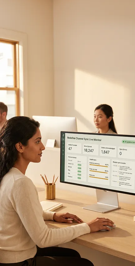 Channel operations manager reviewing real-time multichannel sync dashboard across Amazon, Walmart, and eBay Channel operations manager reviewing real-time multichannel sync dashboard across Amazon, Walmart, and eBay