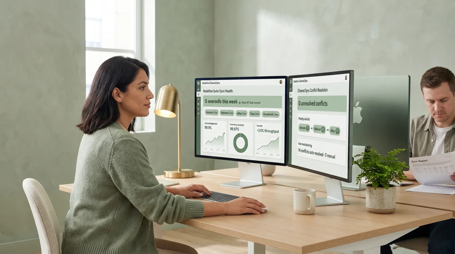 Multichannel ops manager reviewing resolved Channel Sync health and conflict-resolution dashboards with zero oversells Multichannel ops manager reviewing resolved Channel Sync health and conflict-resolution dashboards with zero oversells