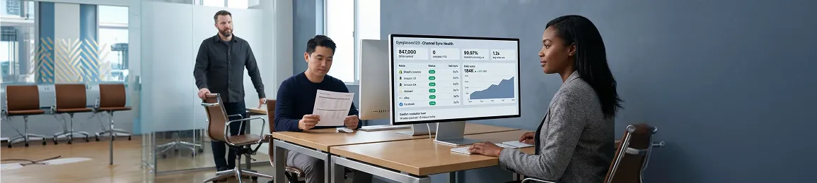 Eyeglasses123 operations team managing multichannel inventory sync across Shopify and external marketplaces Eyeglasses123 operations team managing multichannel inventory sync across Shopify and external marketplaces