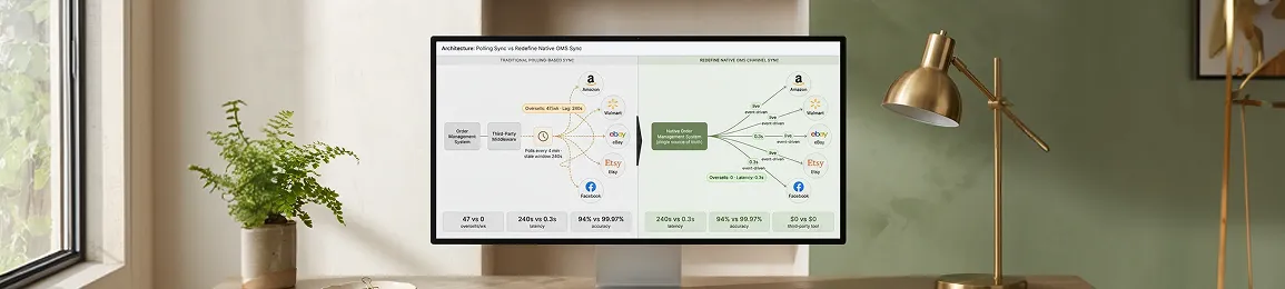 Architecture comparison showing traditional polling-based sync tool versus Redefine native order management system channel sync Architecture comparison showing traditional polling-based sync tool versus Redefine native order management system channel sync