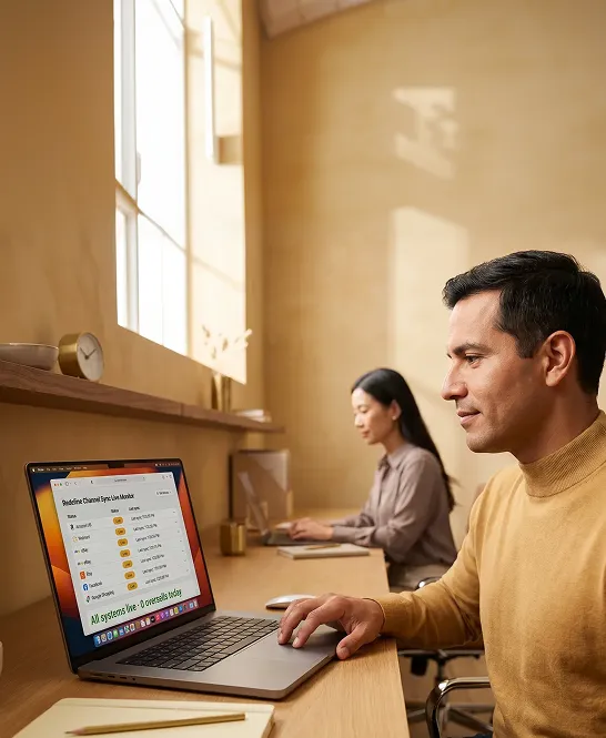 Commerce leader reviewing Redefine Channel Sync dashboard with all marketplace channels showing live and zero sync errors