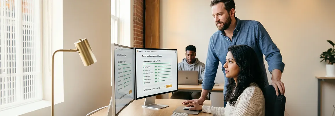 Commerce operations team reviewing a marketplace launch checklist across multiple channels on dual monitors Commerce operations team reviewing a marketplace launch checklist across multiple channels on dual monitors