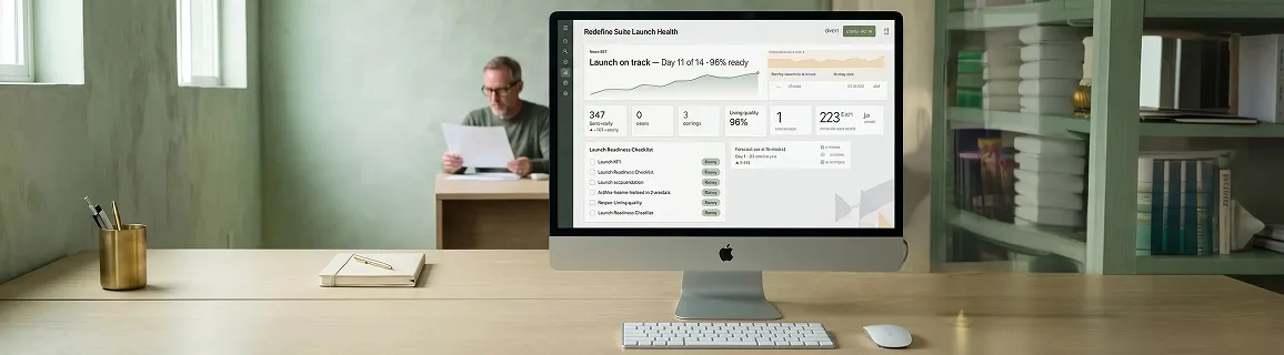 Ecommerce operations manager calmly reviewing a clean unified marketplace launch health dashboard showing on-track readiness Ecommerce operations manager calmly reviewing a clean unified marketplace launch health dashboard showing on-track readiness