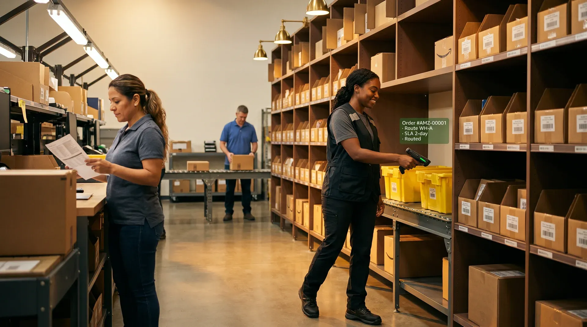 Warehouse operations staff picking and fulfilling marketplace orders using a handheld scanner and order management routing Warehouse operations staff picking and fulfilling marketplace orders using a handheld scanner and order management routing