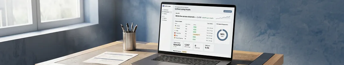 Marketplace channel management platform showing unified listing health and sync status across multiple channels in one dashboard Marketplace channel management platform showing unified listing health and sync status across multiple channels in one dashboard