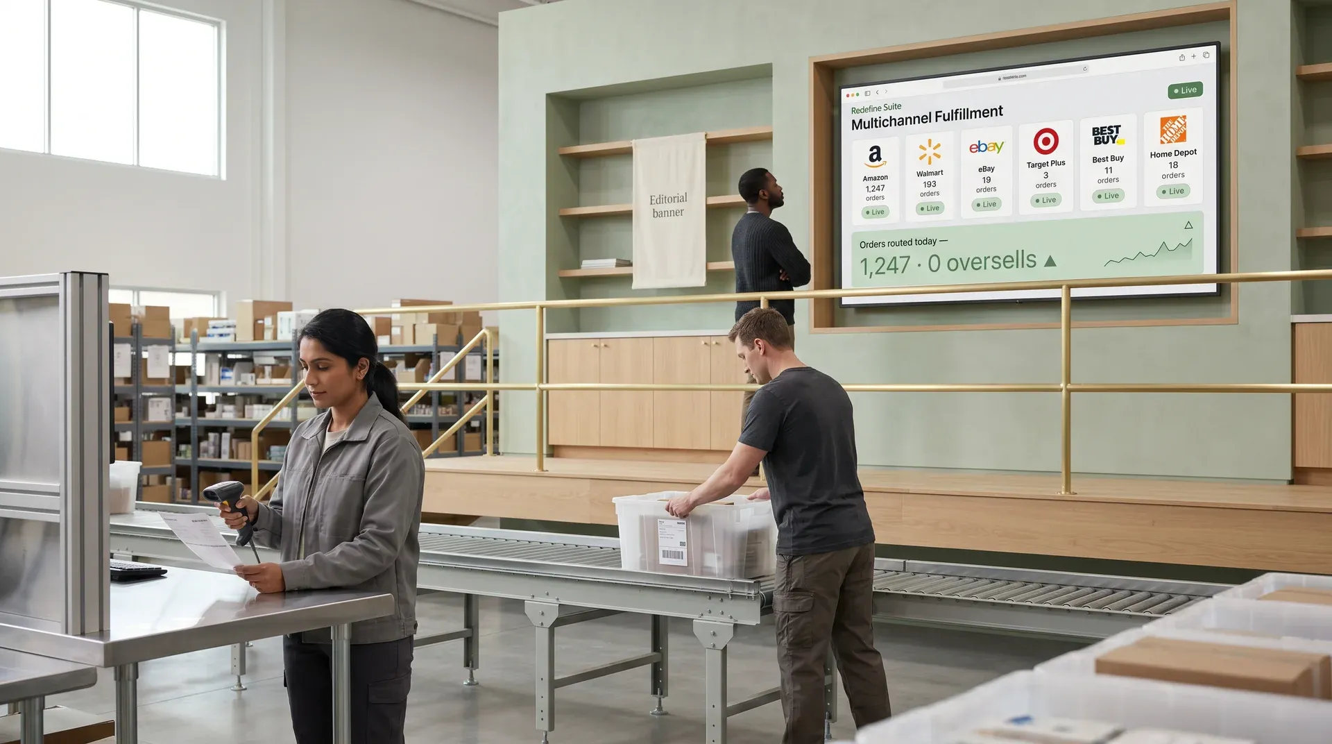 Warehouse operations team reviewing multichannel order fulfillment flow across marketplace channels Warehouse operations team reviewing multichannel order fulfillment flow across marketplace channels