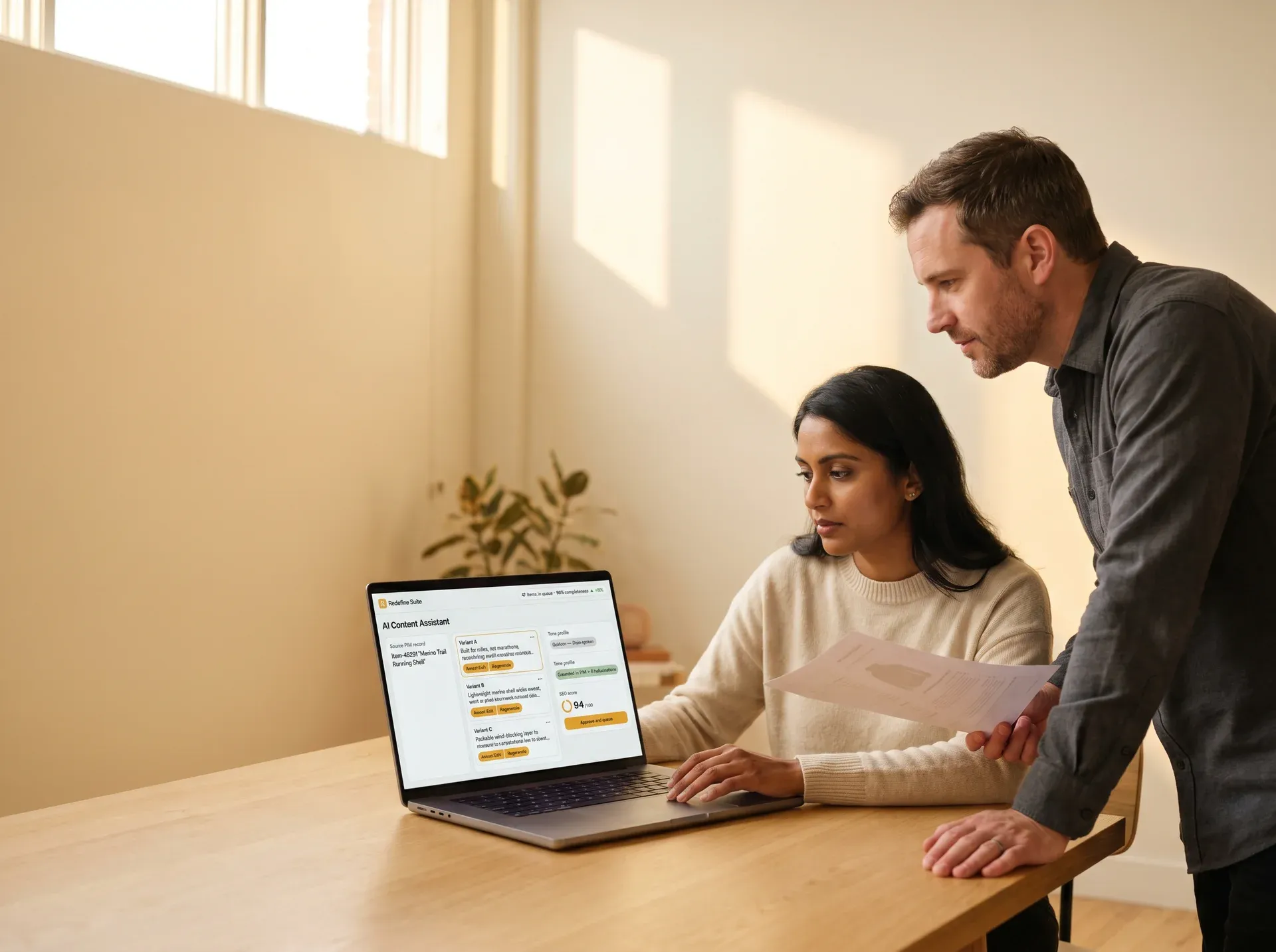 Ecommerce content team reviewing AI-generated product descriptions on a monitor Ecommerce content team reviewing AI-generated product descriptions on a monitor
