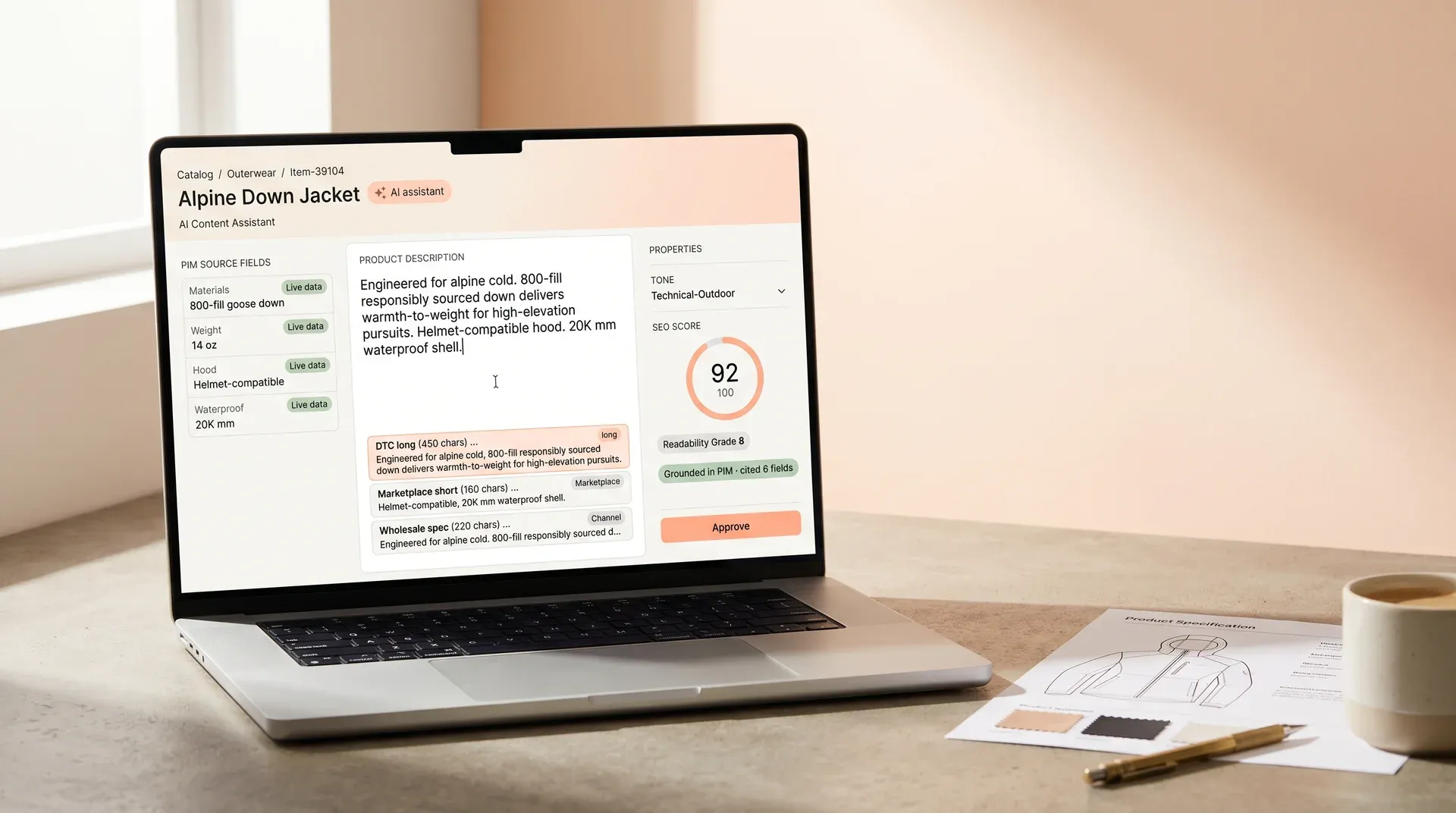 AI content assistant drafting a product description for an outdoor jacket item AI content assistant drafting a product description for an outdoor jacket item