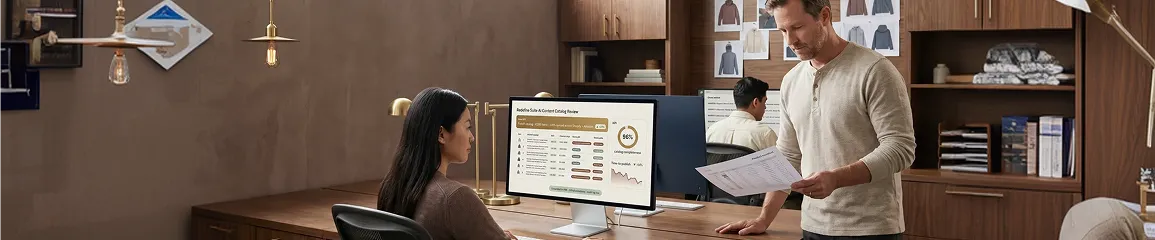 Outdoor apparel brand operations team reviewing AI-generated product catalog content Outdoor apparel brand operations team reviewing AI-generated product catalog content