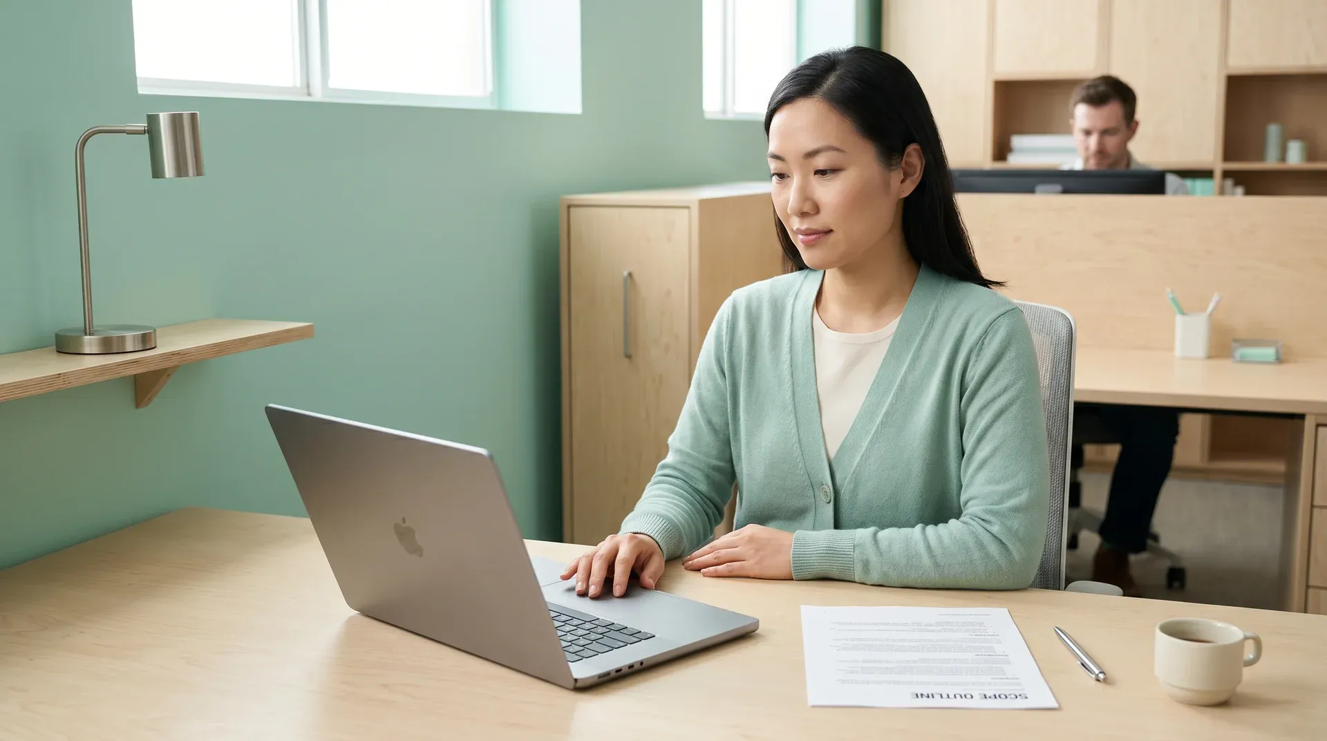 Commerce manager reviewing an AI content brief on a laptop, preparing to submit a project scope Commerce manager reviewing an AI content brief on a laptop, preparing to submit a project scope