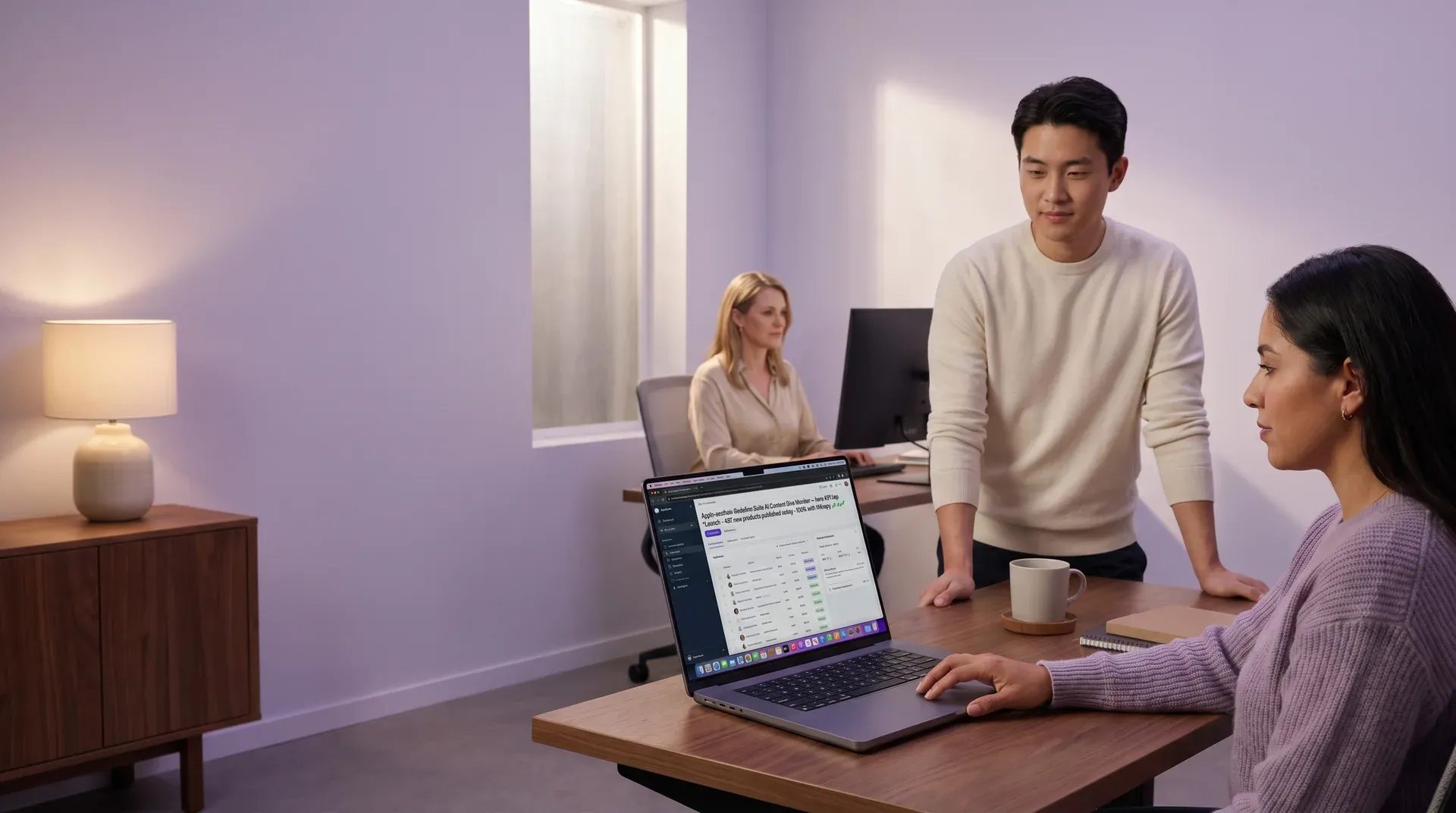 Ecommerce team reviewing live AI-generated content on launch day Ecommerce team reviewing live AI-generated content on launch day