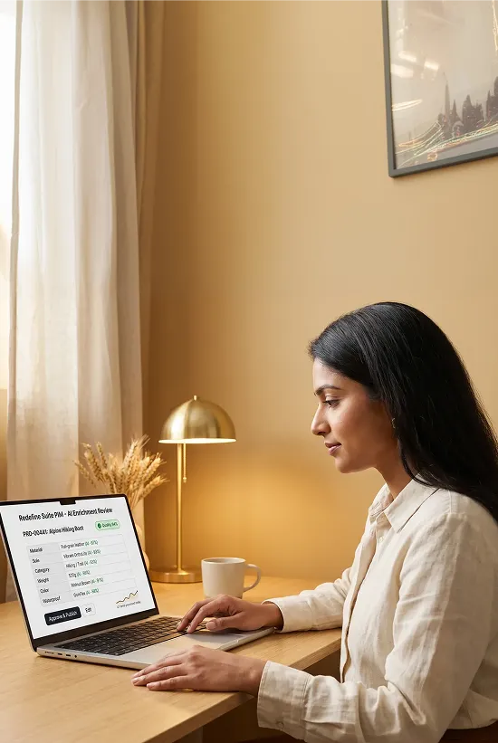 Product data analyst reviewing AI-enriched catalog attributes on a screen dashboard