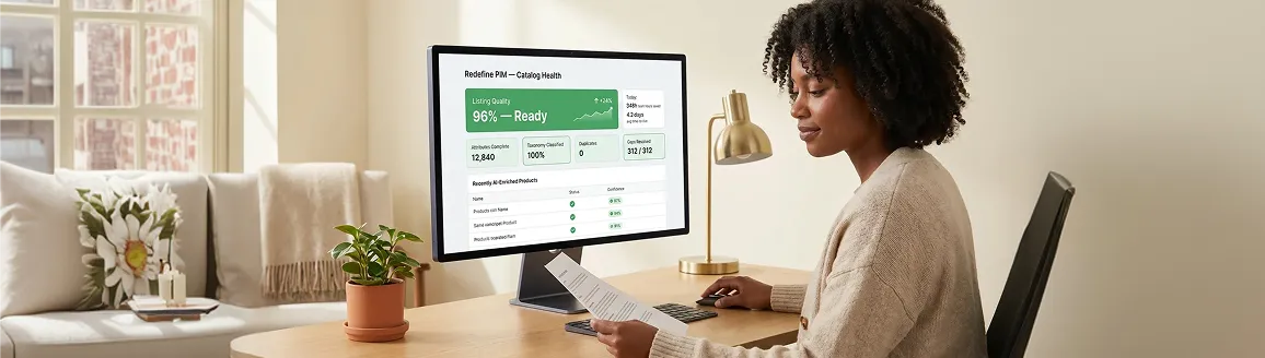 Operations manager reviewing product catalog data errors and incomplete attributes on screen