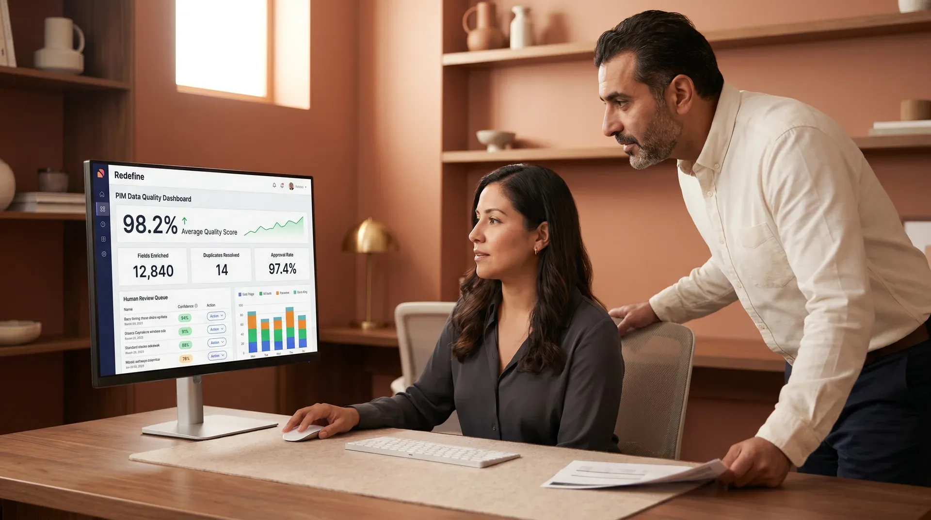 Ecommerce product data team collaborating over an AI enrichment review dashboard