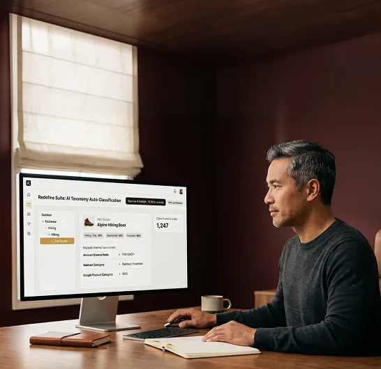 Product data team lead approving AI enrichment suggestions on a commerce platform monitor