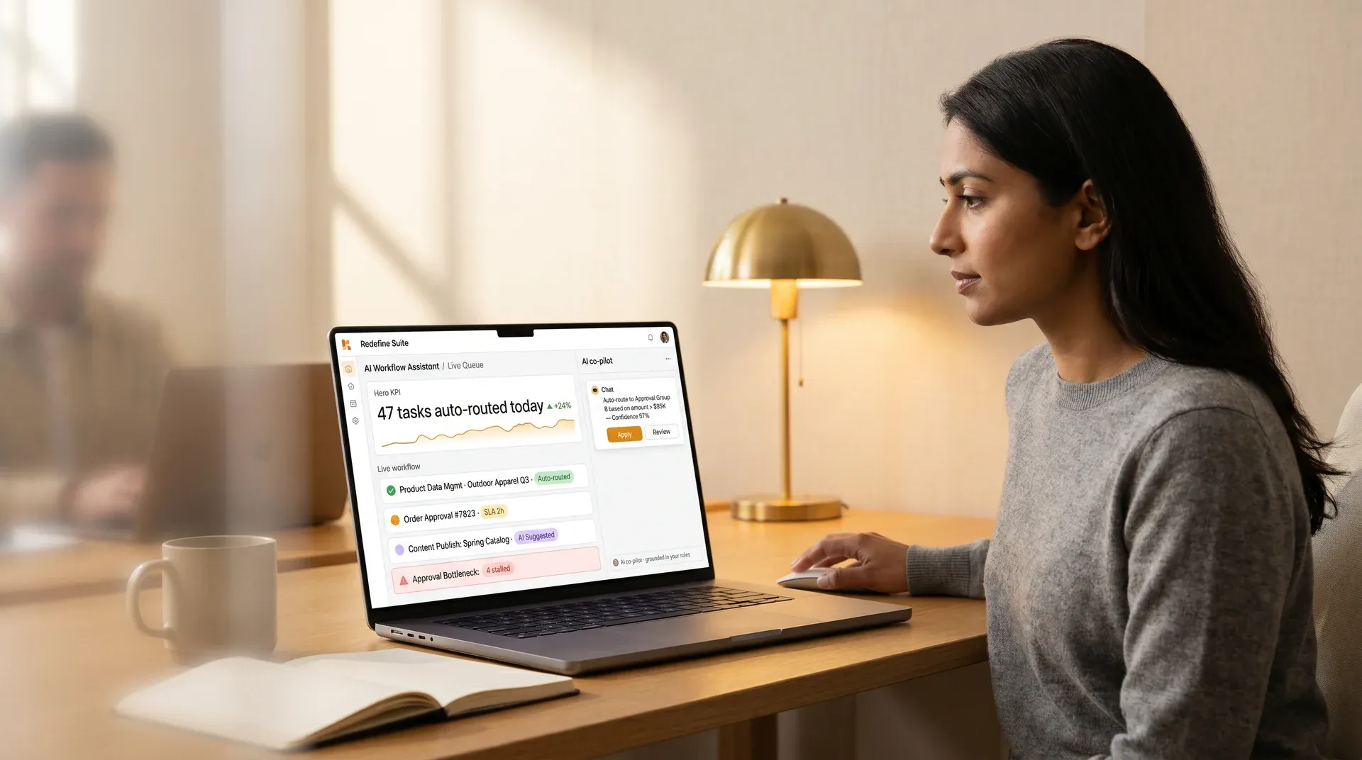 Operations manager reviewing AI workflow routing dashboard on screen