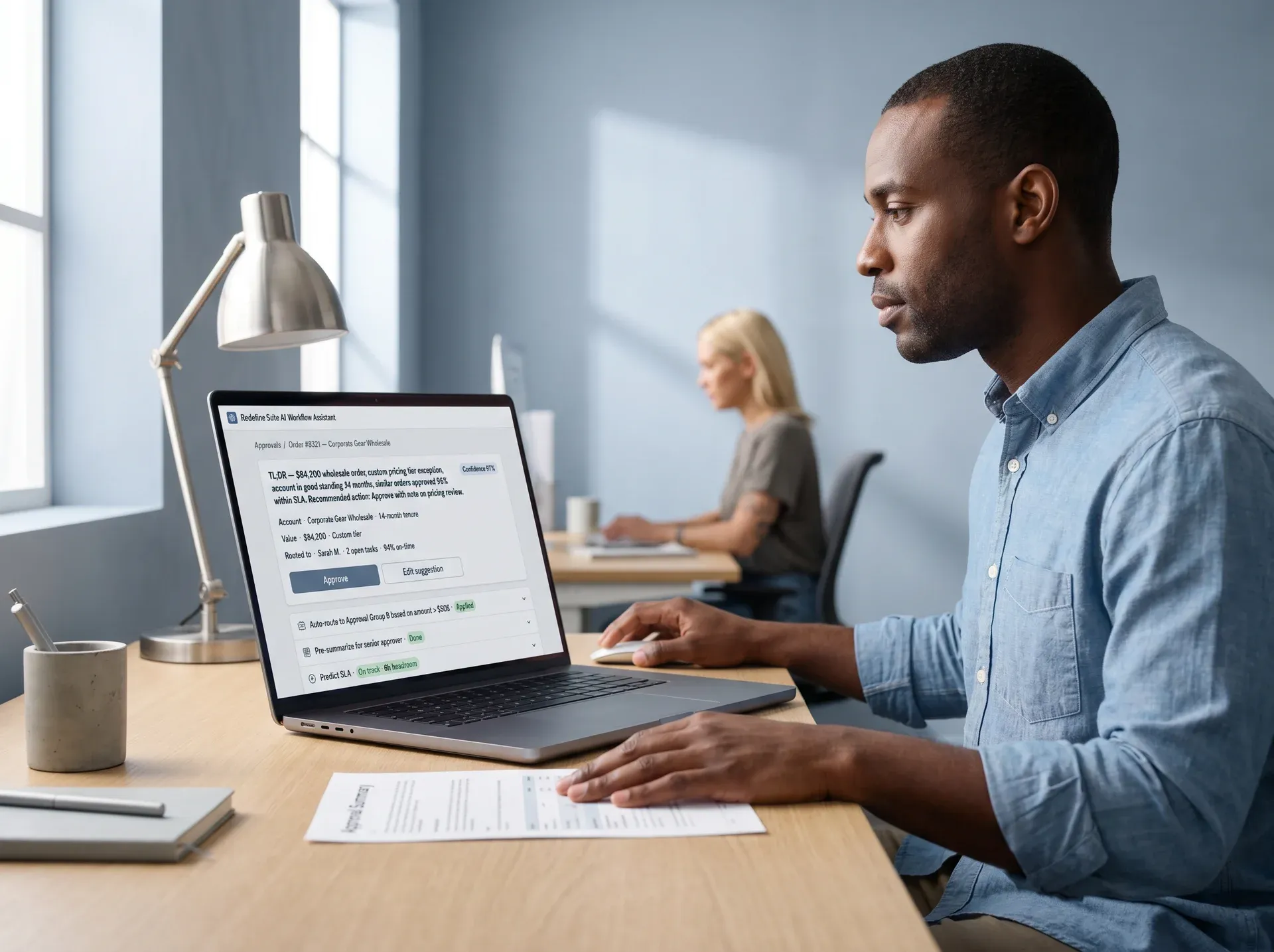 Commerce manager reviewing AI-suggested next steps on approval workflow dashboard
