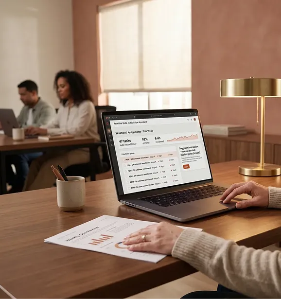Commerce operations director reviewing AI-routed workflow task assignments