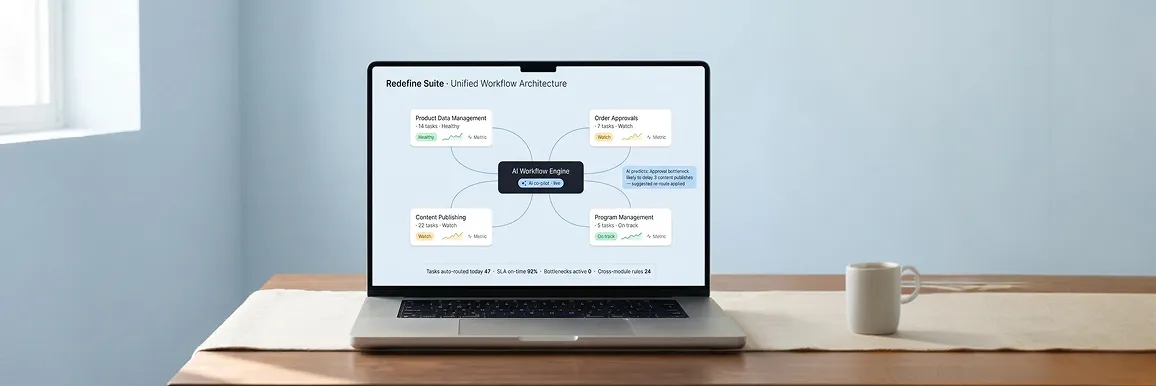 Redefine platform showing product data management, order management, content, and program modules connected through AI workflow routing