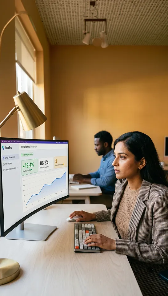 Commerce analyst reviewing AI demand forecasting dashboard with live inventory and anomaly signals Commerce analyst reviewing AI demand forecasting dashboard with live inventory and anomaly signals