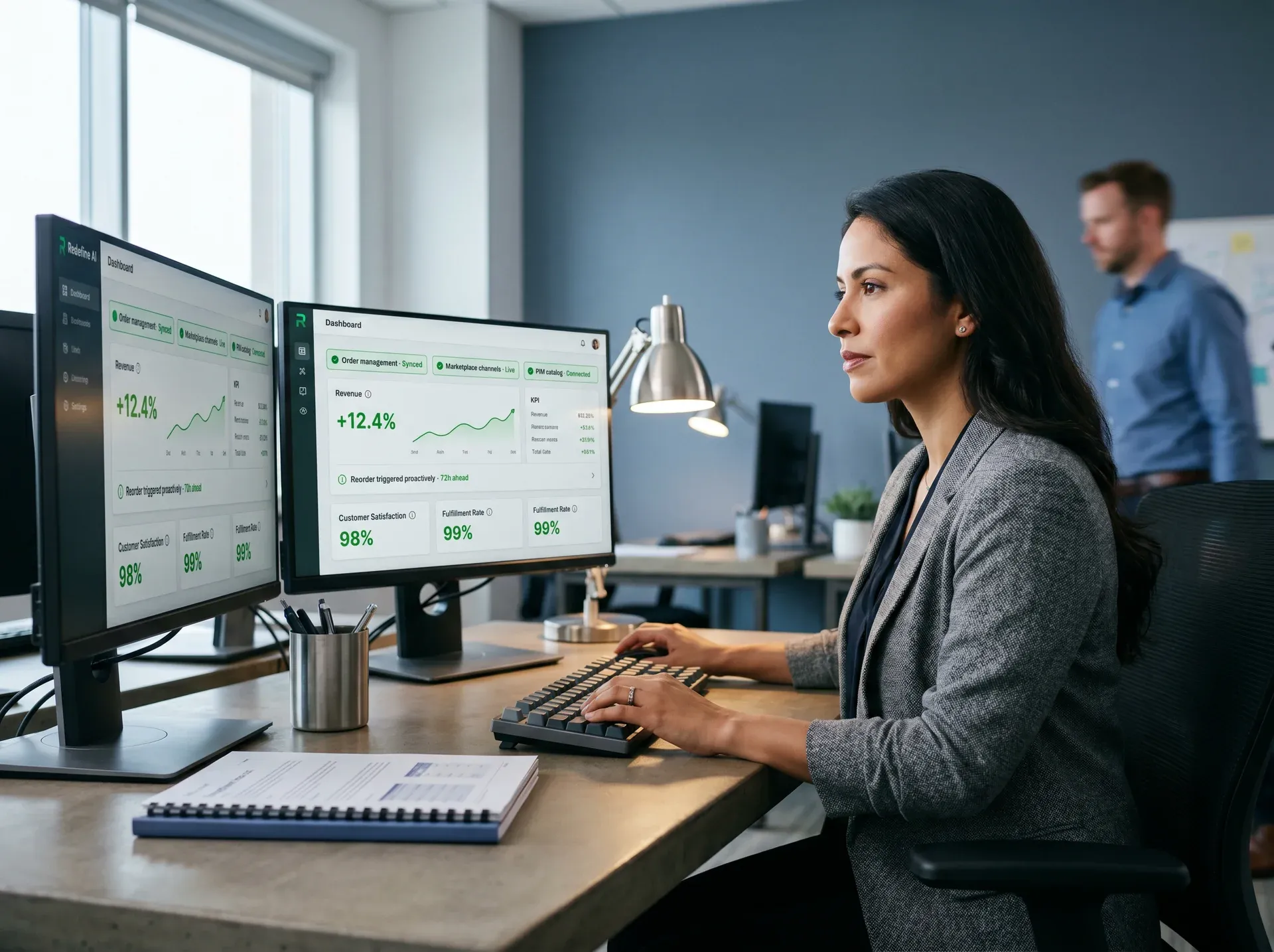 Operations manager reviewing unified dashboard with all-green status pills and proactive reorder signals Operations manager reviewing unified dashboard with all-green status pills and proactive reorder signals