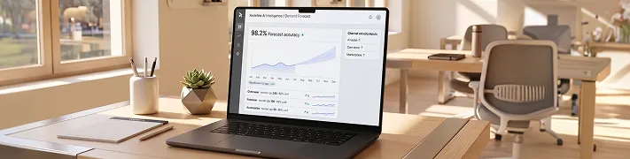 Operations director confidently reviewing unified AI operational intelligence dashboard showing live metrics and forecasts Operations director confidently reviewing unified AI operational intelligence dashboard showing live metrics and forecasts