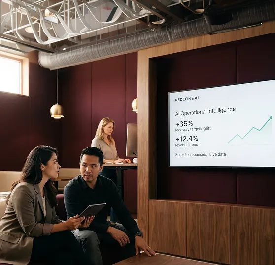 Commerce operations team using unified AI operational intelligence platform with live anomaly alerts and demand forecasts displayed Commerce operations team using unified AI operational intelligence platform with live anomaly alerts and demand forecasts displayed