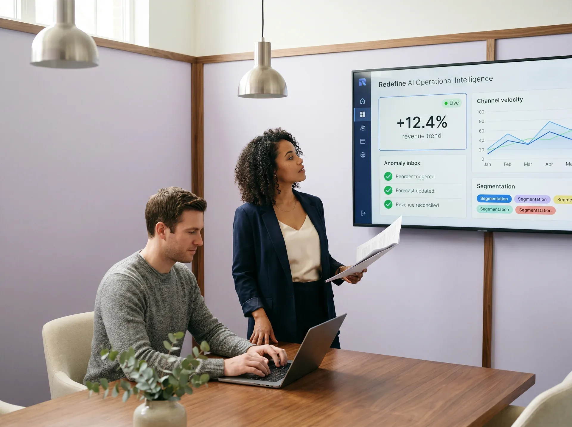 Commerce operations director presenting AI operational intelligence insights to their team in a collaborative setting Commerce operations director presenting AI operational intelligence insights to their team in a collaborative setting