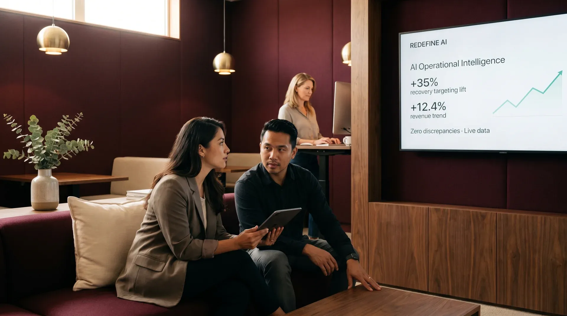 Commerce team reviewing live AI operational intelligence dashboard results showing revenue improvements and anomaly resolution Commerce team reviewing live AI operational intelligence dashboard results showing revenue improvements and anomaly resolution