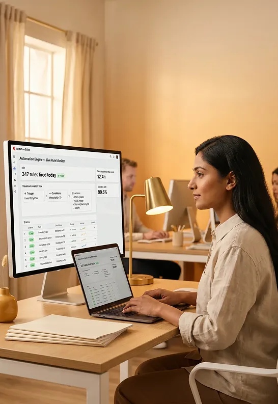 Operations manager reviewing automation rule dashboards on a large monitor in a commerce operations environment Operations manager reviewing automation rule dashboards on a large monitor in a commerce operations environment