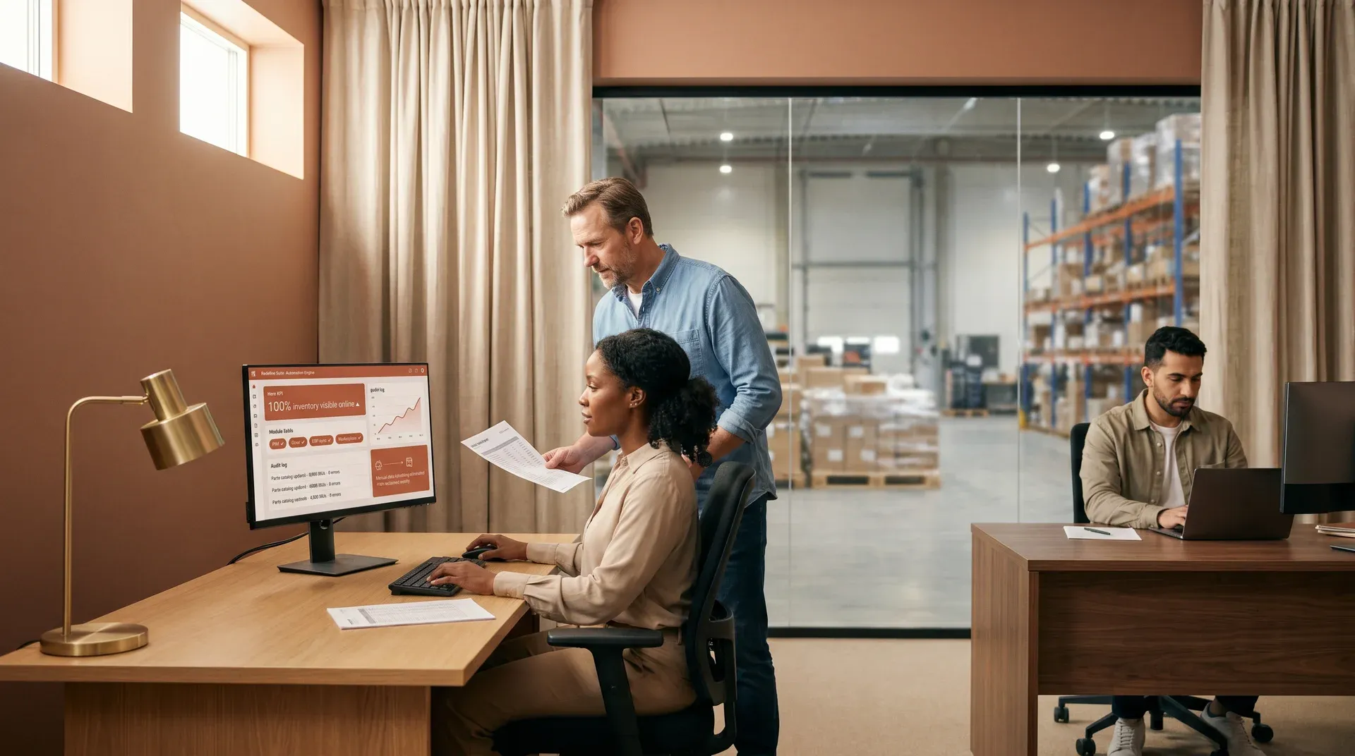 Equipment dealer operations team reviewing inventory automation and enterprise resource planning sync dashboards in a warehouse context Equipment dealer operations team reviewing inventory automation and enterprise resource planning sync dashboards in a warehouse context